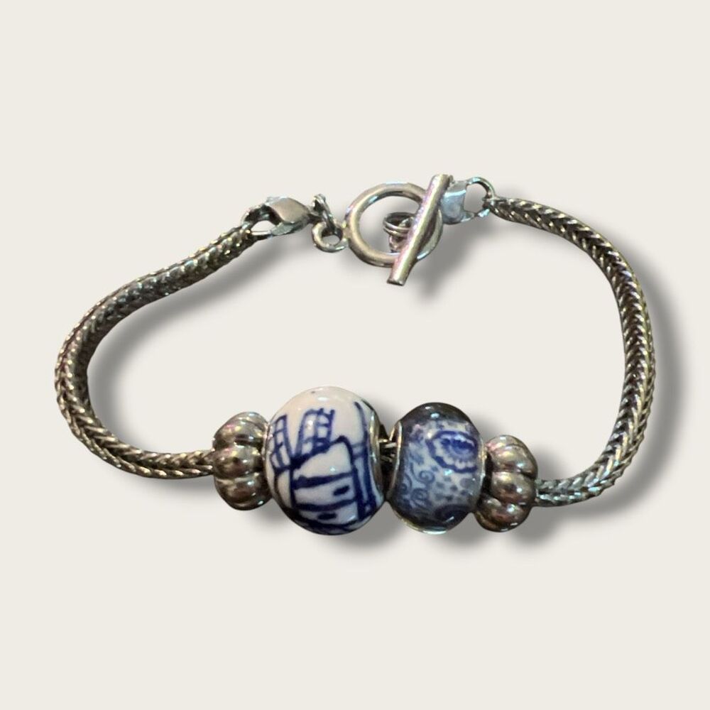 Blue & White Porcelain Bead Silver Tone Snake Chain Bracelet 8”